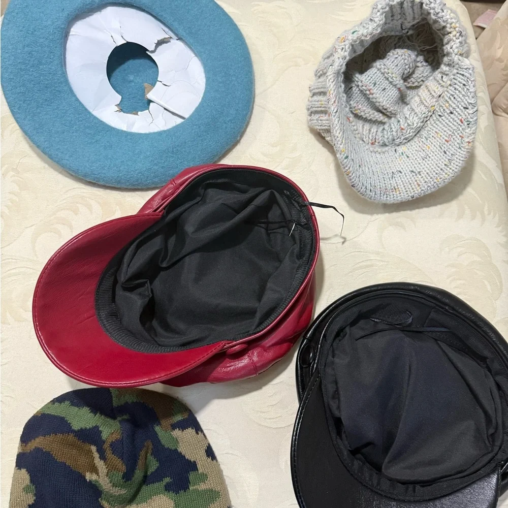 Lot of 5‎ Women’s Hats – Beret, Knit Beanies & Faux Leather Caps